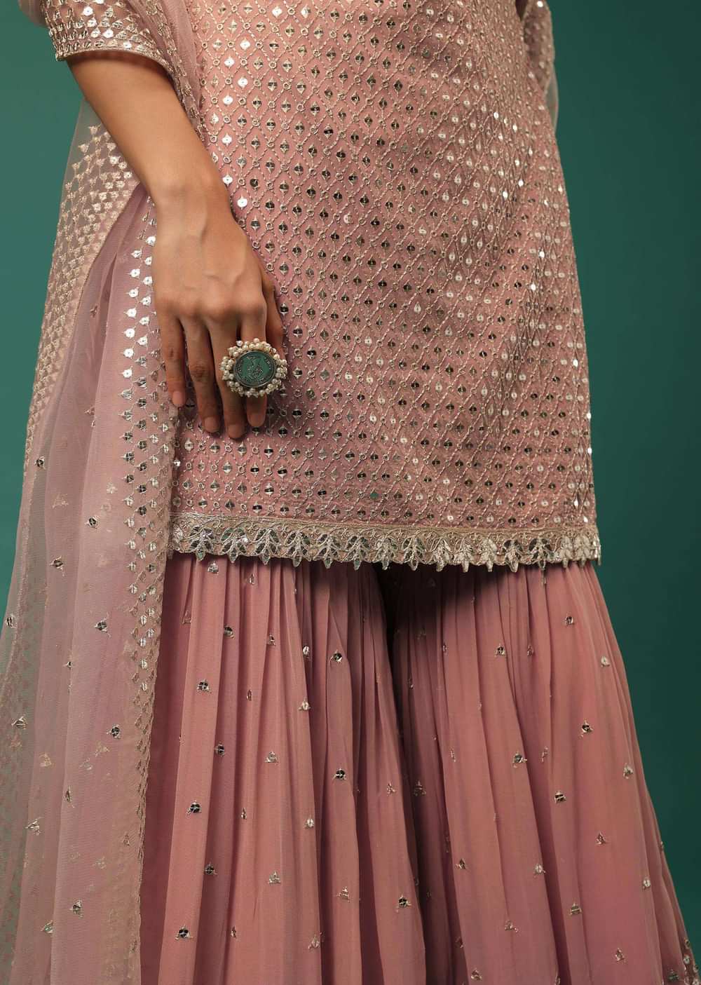 Peach Sequins Embroidered Sharara Suit Set In Georgette