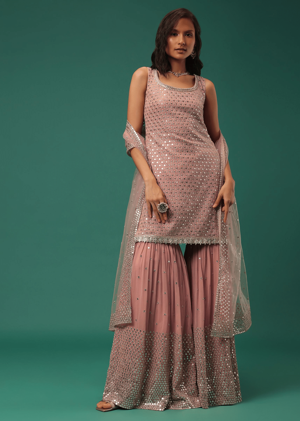 Peach Sequins Embroidered Sharara Suit Set In Georgette