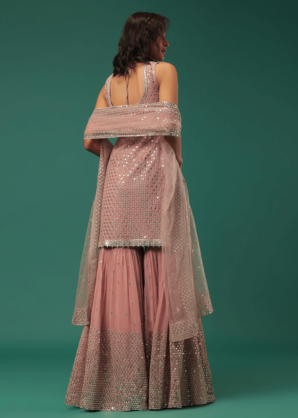 Peach Sequins Embroidered Sharara Suit Set In Georgette