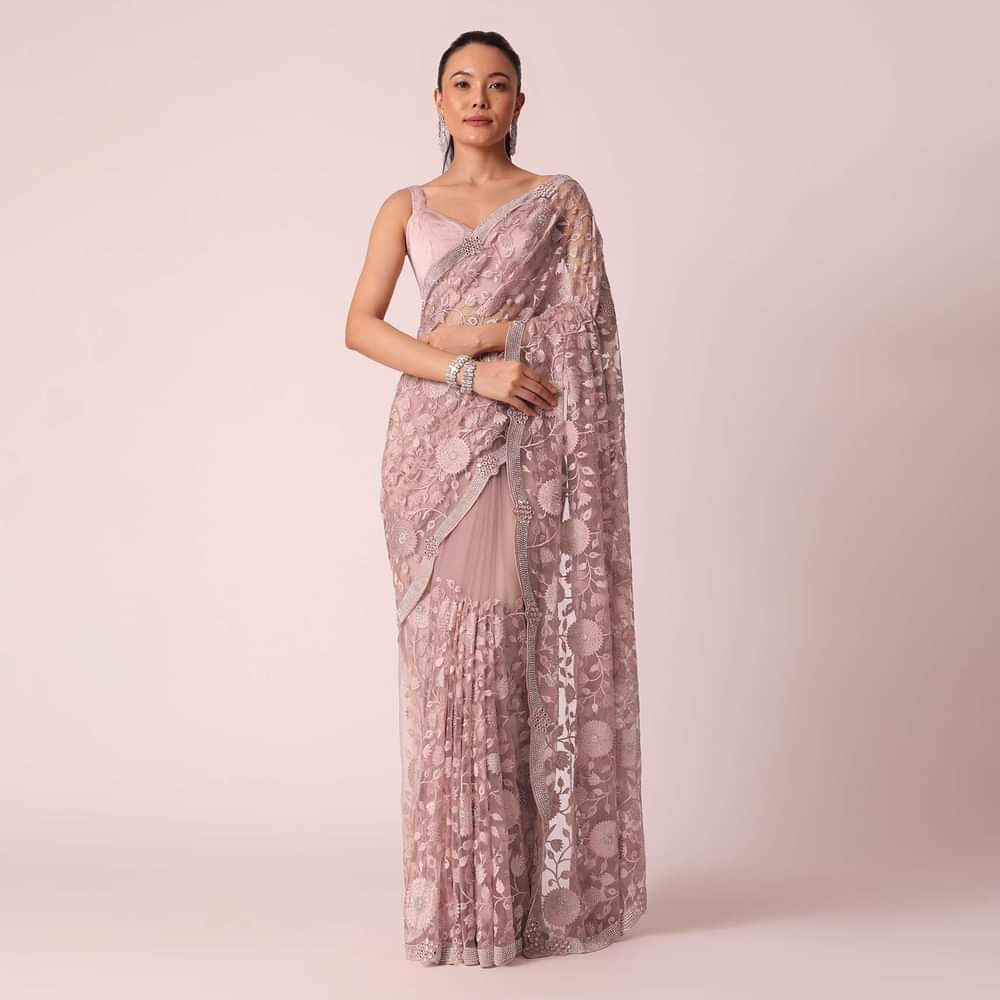 Onion Pink Sheer Saree With Floral stone studded And Unstitched Blouse Piece