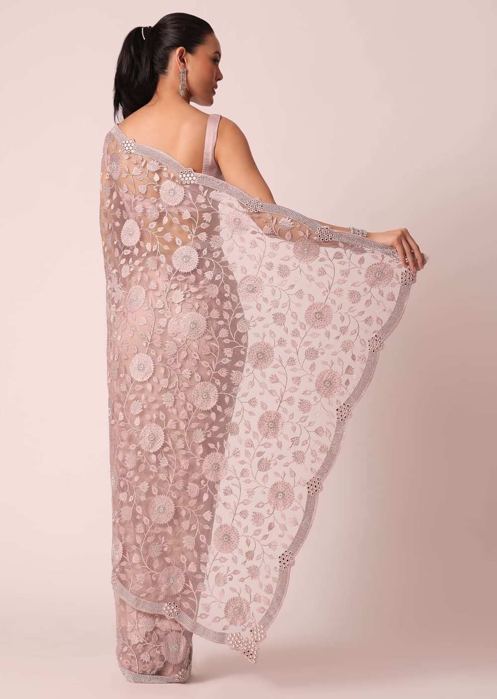 Onion Pink Sheer Saree With Floral stone studded And Unstitched Blouse Piece