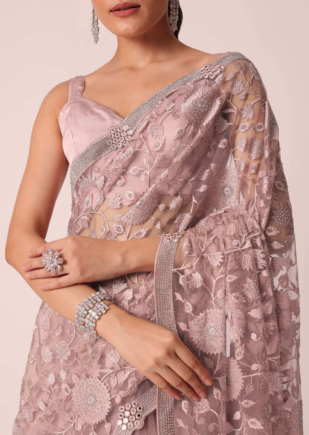 Onion Pink Sheer Saree With Floral stone studded And Unstitched Blouse Piece