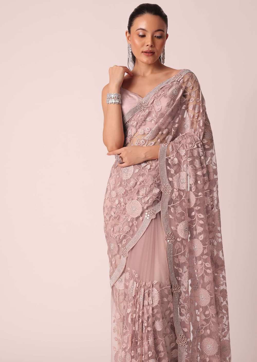 Onion Pink Sheer Saree With Floral stone studded And Unstitched Blouse Piece
