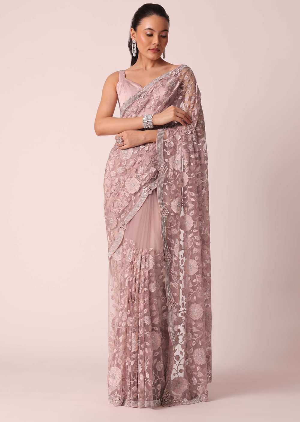 Onion Pink Sheer Saree With Floral stone studded And Unstitched Blouse Piece