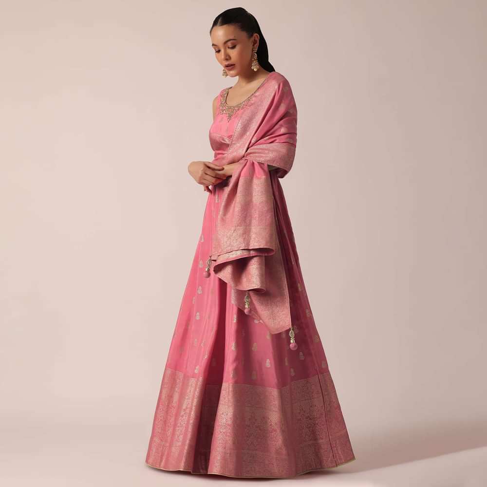 Peach Silk Anarkali Set With Sequin Work