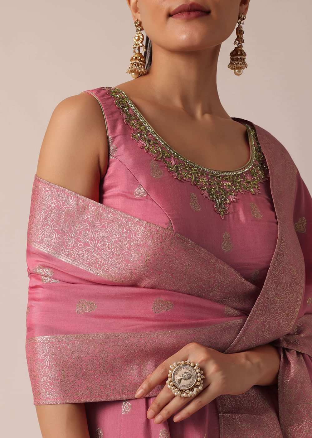 Peach Silk Anarkali Set With Sequin Work