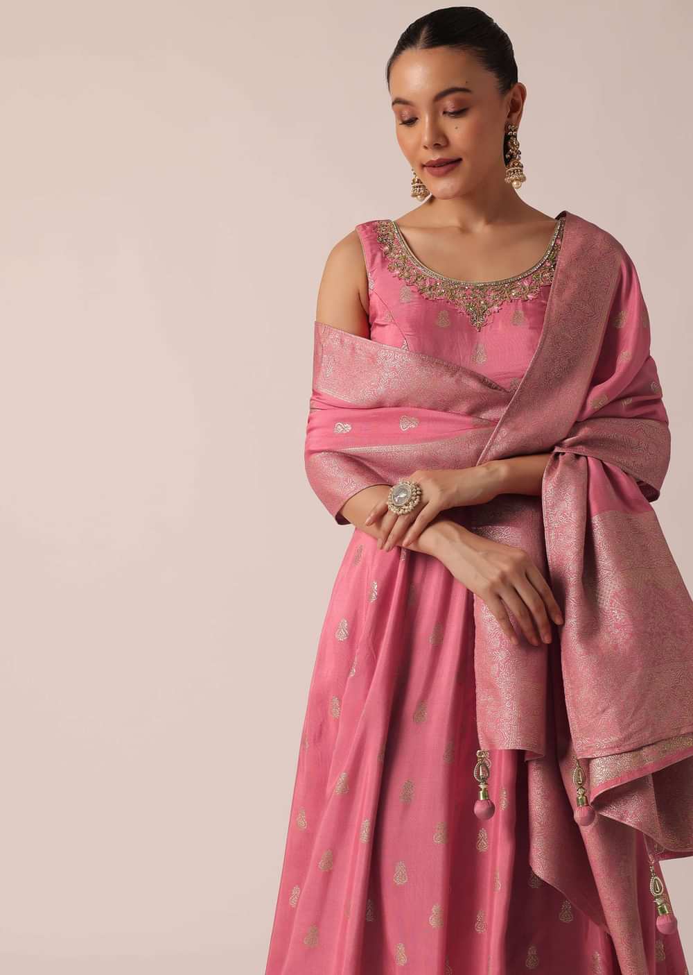 Peach Silk Anarkali Set With Sequin Work