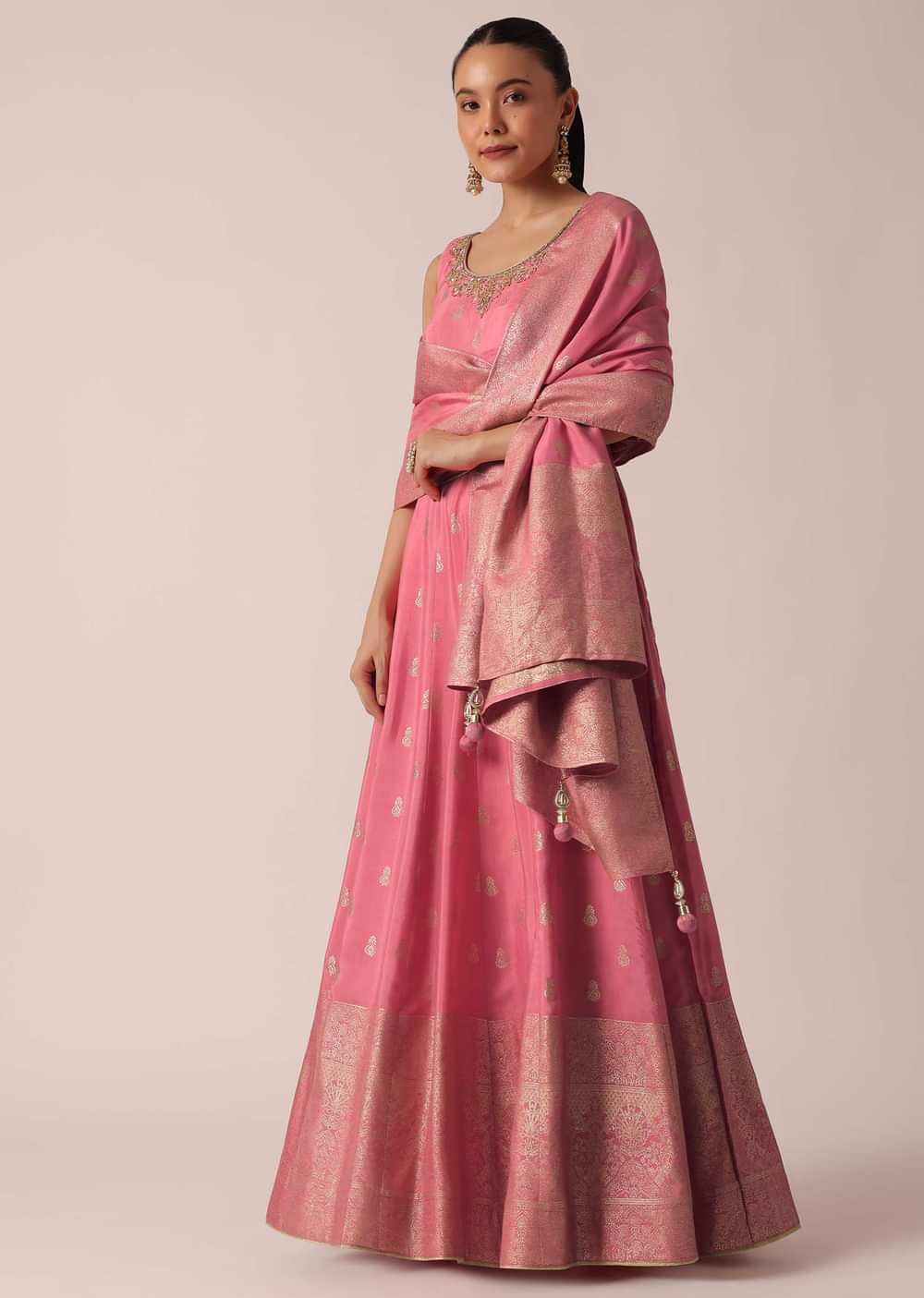 Peach Silk Anarkali Set With Sequin Work