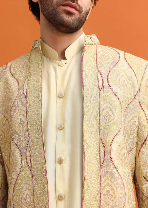 Peach Silk Indowestern Set With Hand Work For Men