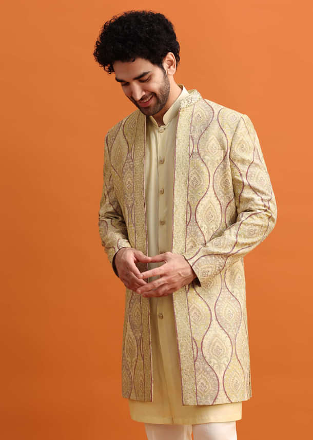 Peach Silk Indowestern Set With Hand Work For Men