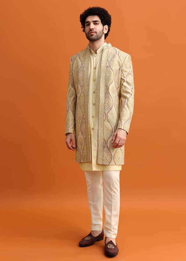 Peach Silk Indowestern Set With Hand Work For Men