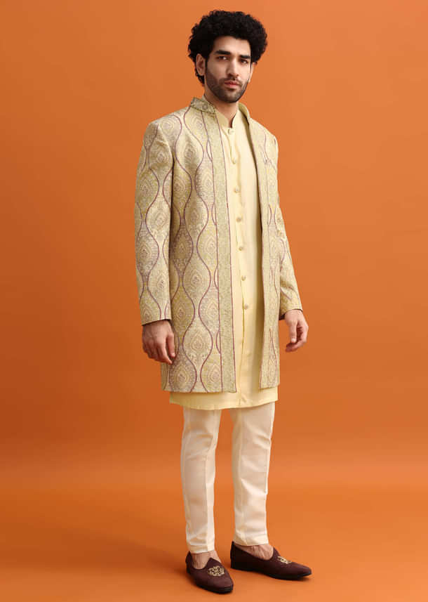 Peach Silk Indowestern Set With Hand Work For Men