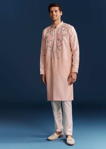 Peach Silk Kurta With Floral Resham Thread And Embroidery