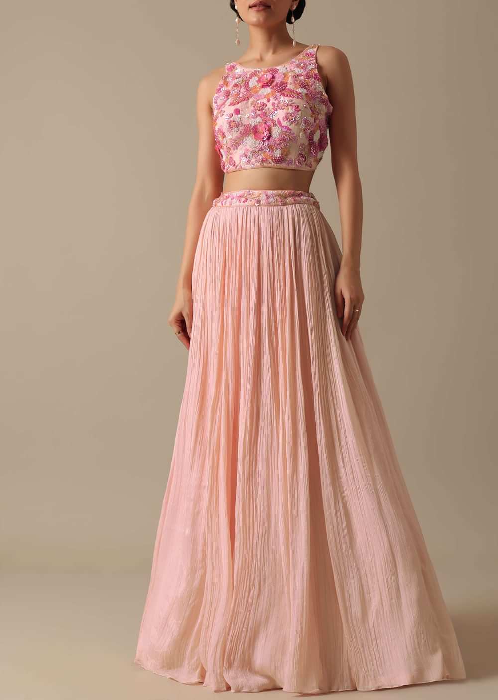 Pink Silk Lehenga Set With Floral Jacket