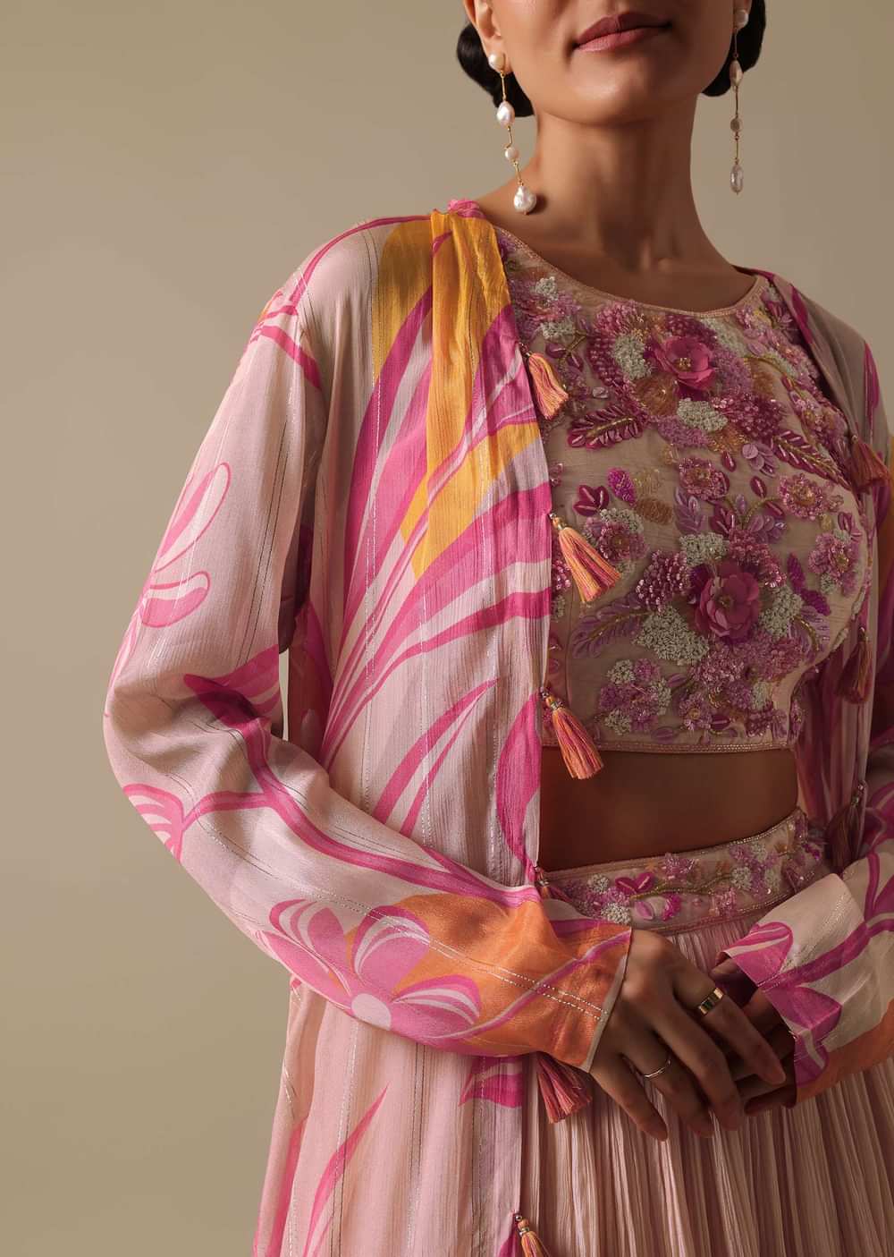 Pink Silk Lehenga Set With Floral Jacket