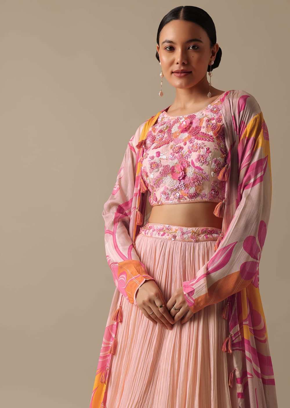 Pink Silk Lehenga Set With Floral Jacket