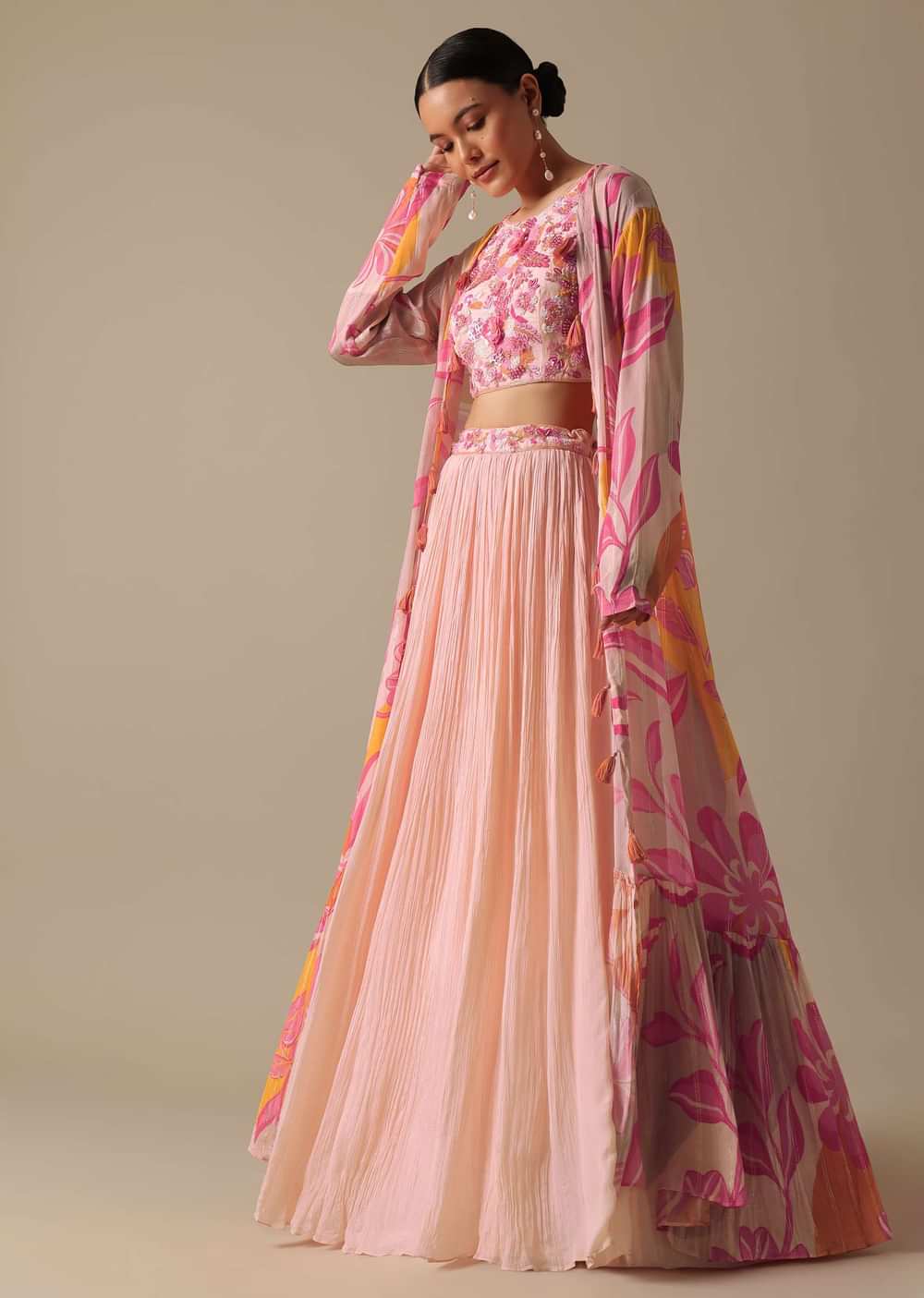 Pink Silk Lehenga Set With Floral Jacket