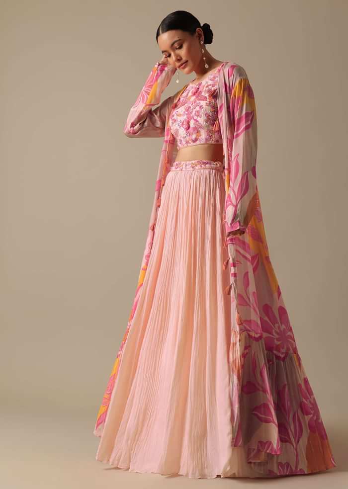 Pink Silk Lehenga Set With Floral Jacket