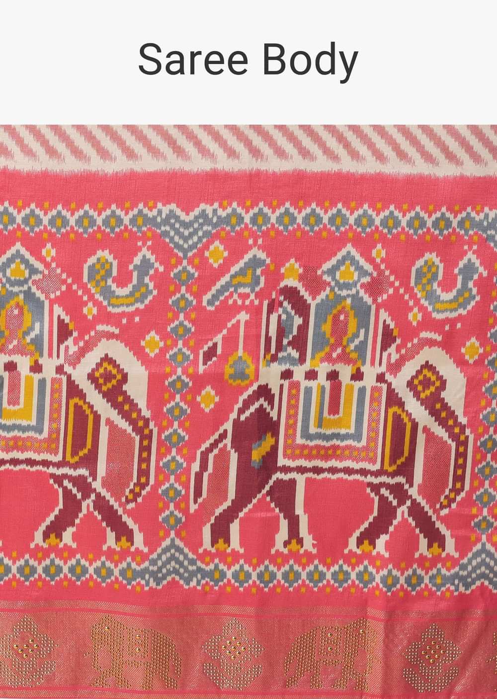 Peach Silk Patola Print Saree With Foil Worked Border And Unstitched Blouse Piece