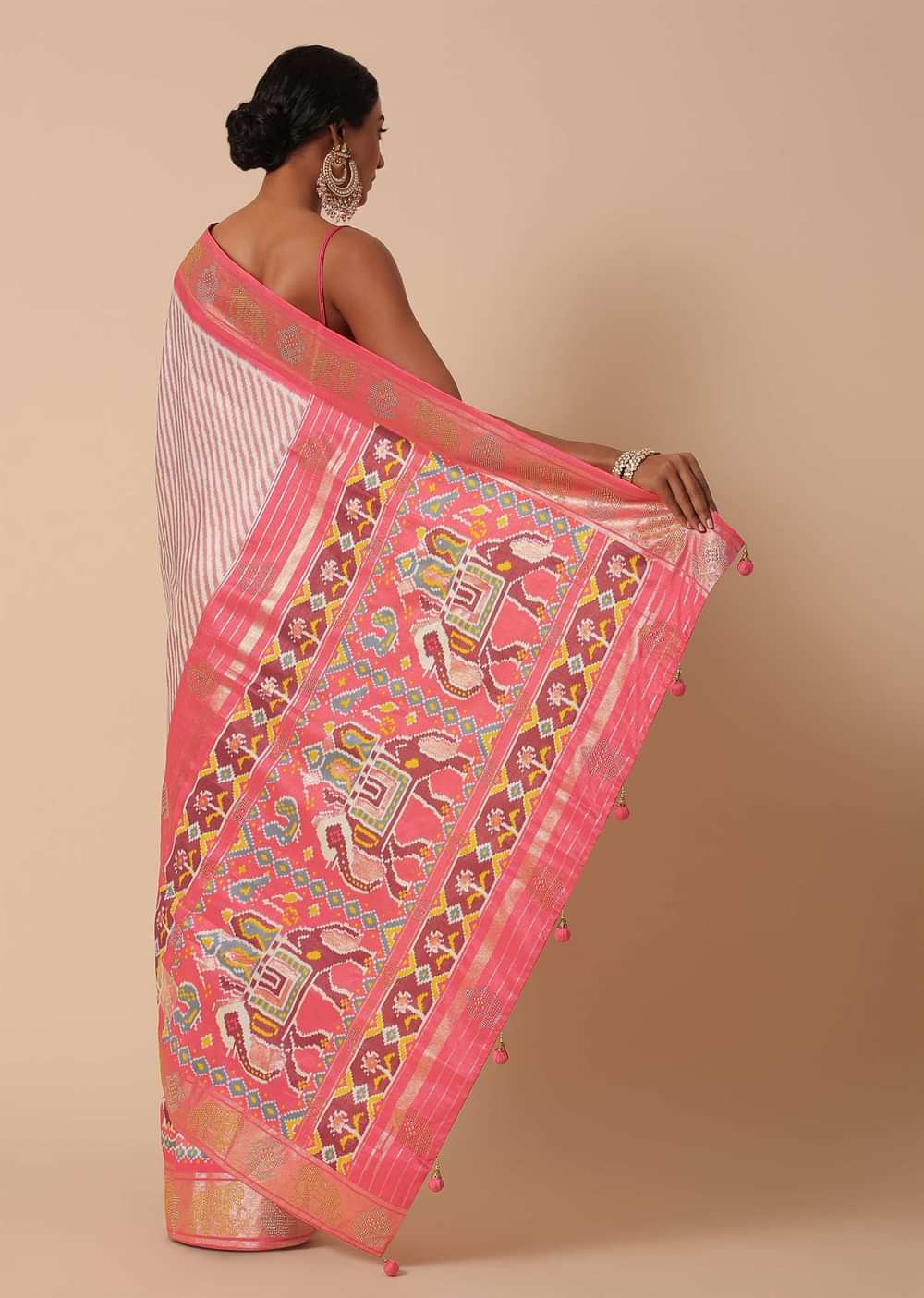 Peach Silk Patola Print Saree With Foil Worked Border And Unstitched Blouse Piece