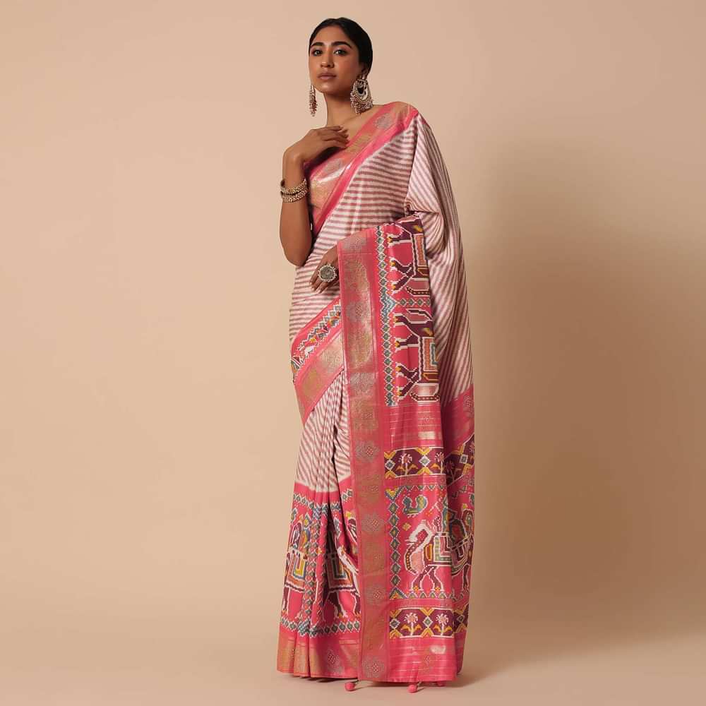 Peach Silk Patola Print Saree With Foil Worked Border And Unstitched Blouse Piece