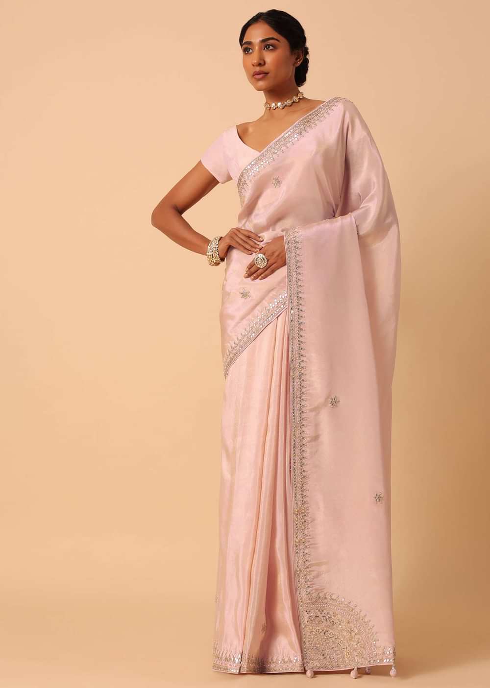 Peach Silk Saree With Gota Patti Work Border And Unstitched Blouse Piece