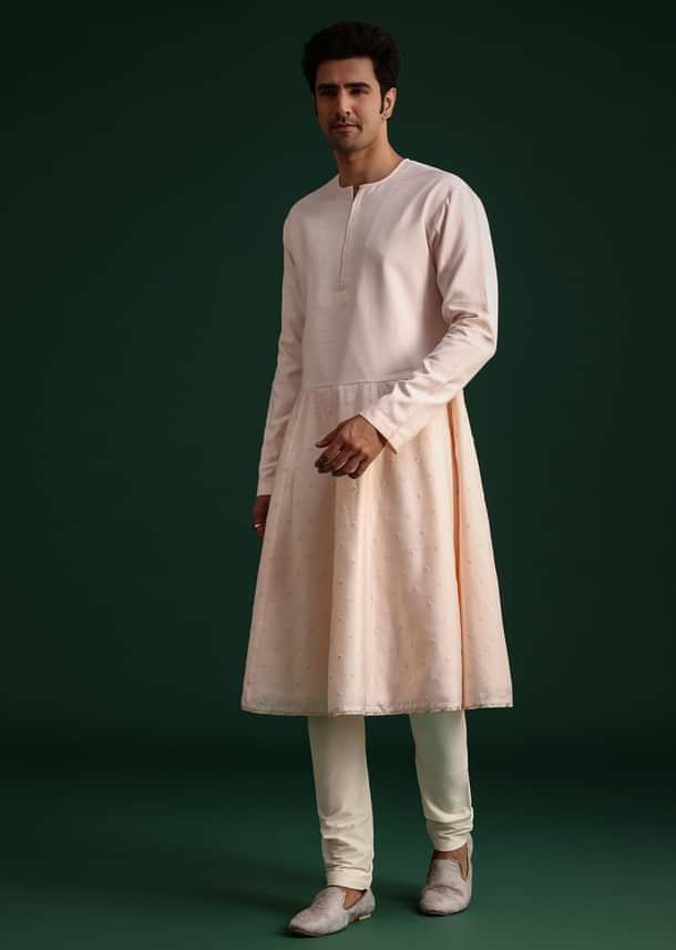Peach Silk Zari Embroidered Sherwani Suit With Mala And Dupatta