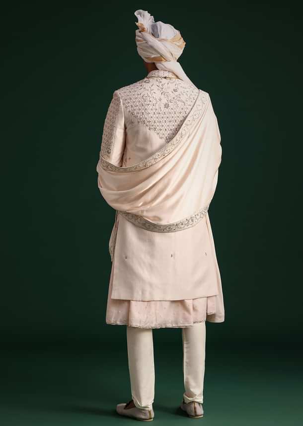 Peach Silk Zari Embroidered Sherwani Suit With Mala And Dupatta