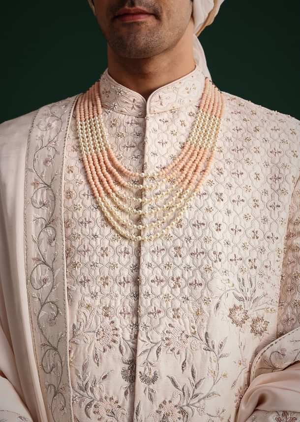 Peach Silk Zari Embroidered Sherwani Suit With Mala And Dupatta