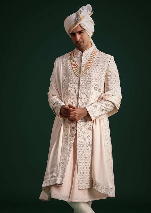 Peach Silk Zari Embroidered Sherwani Suit With Mala And Dupatta