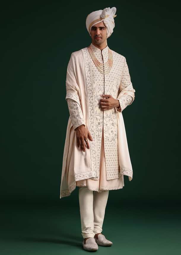 Peach Silk Zari Embroidered Sherwani Suit With Mala And Dupatta