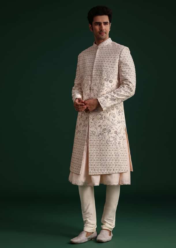 Peach Silk Zari Embroidered Sherwani Suit With Mala And Dupatta