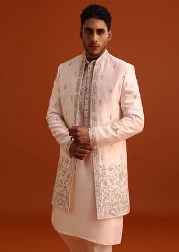 Peach Thread Embroidered Cotton Silk Sherwani Set