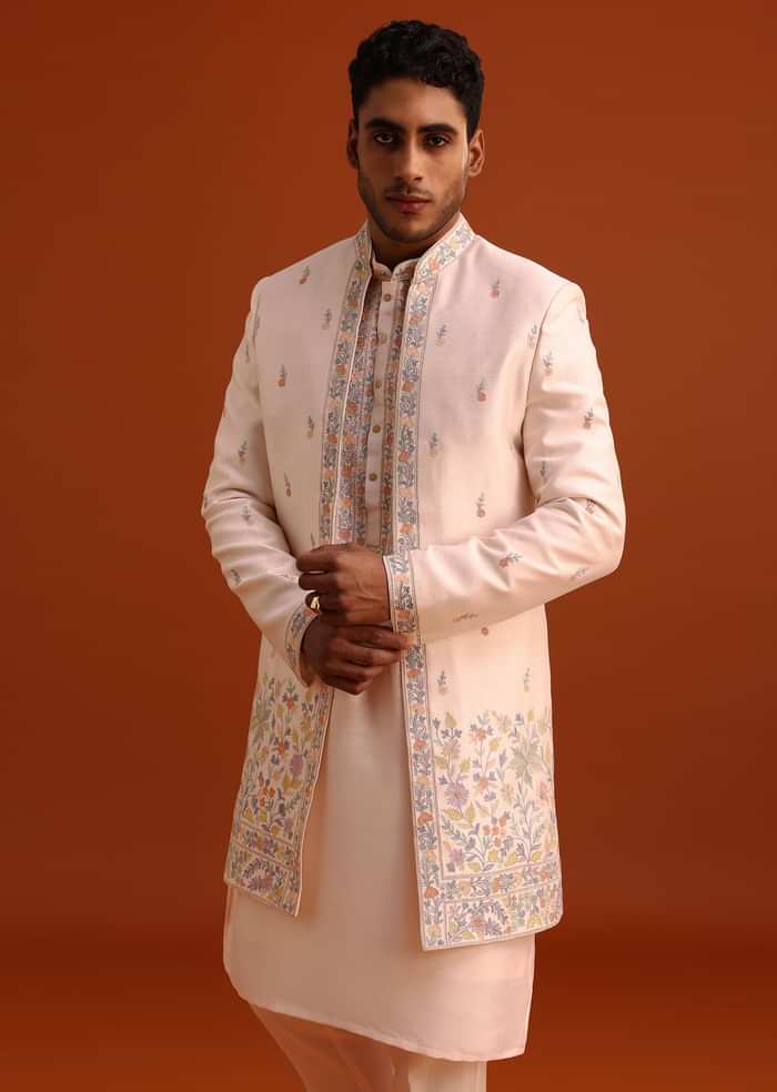 Peach Thread Embroidered Cotton Silk Sherwani Set