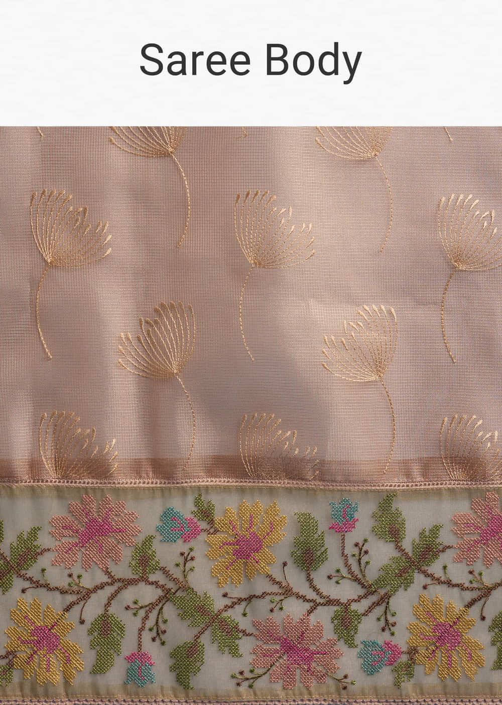 Peach Tissue Chanderi Silk Saree With Floral Resham Work