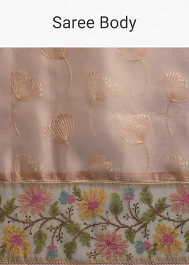 Peach Tissue Chanderi Silk Saree With Floral Resham Work Peach Tissue Chanderi Silk Saree With Floral Resham Work