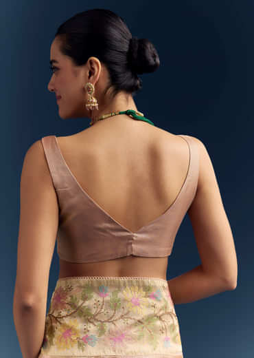 Peach Tissue Chanderi Silk Saree With Floral Resham Work Peach Tissue Chanderi Silk Saree With Floral Resham Work