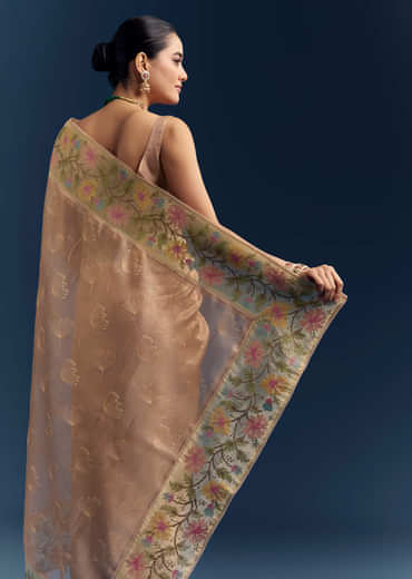 Peach Tissue Chanderi Silk Saree With Floral Resham Work Peach Tissue Chanderi Silk Saree With Floral Resham Work