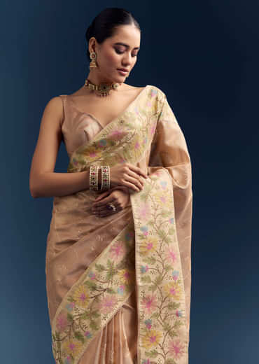 Peach Tissue Chanderi Silk Saree With Floral Resham Work Peach Tissue Chanderi Silk Saree With Floral Resham Work