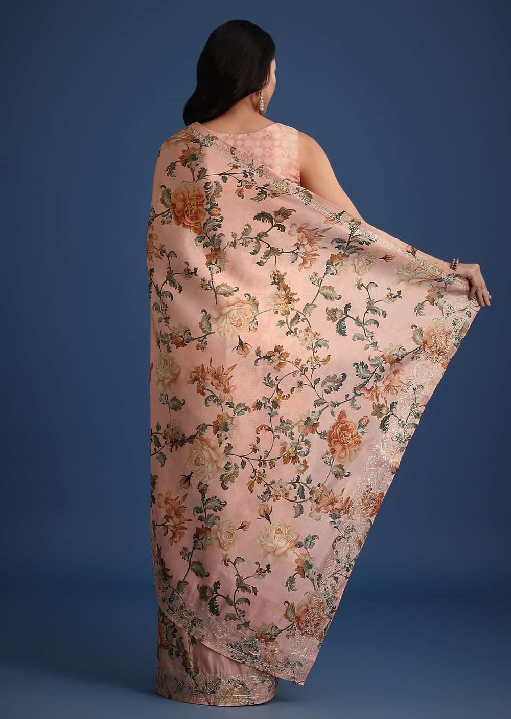 Peach Tissue Muslin Digital Print Saree With Pitta Work Border