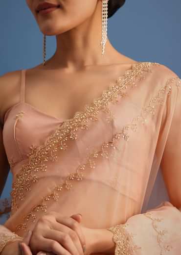 Peach Tissue Saree With Cutdana Embroidered Border And Unstitched Blouse