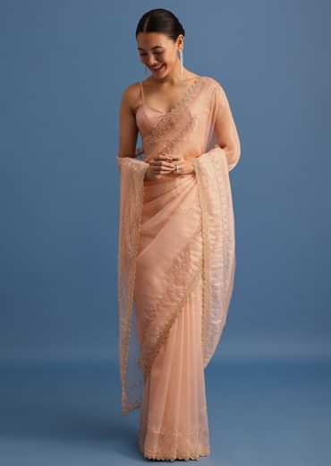 Peach Tissue Saree With Cutdana Embroidered Border And Unstitched Blouse