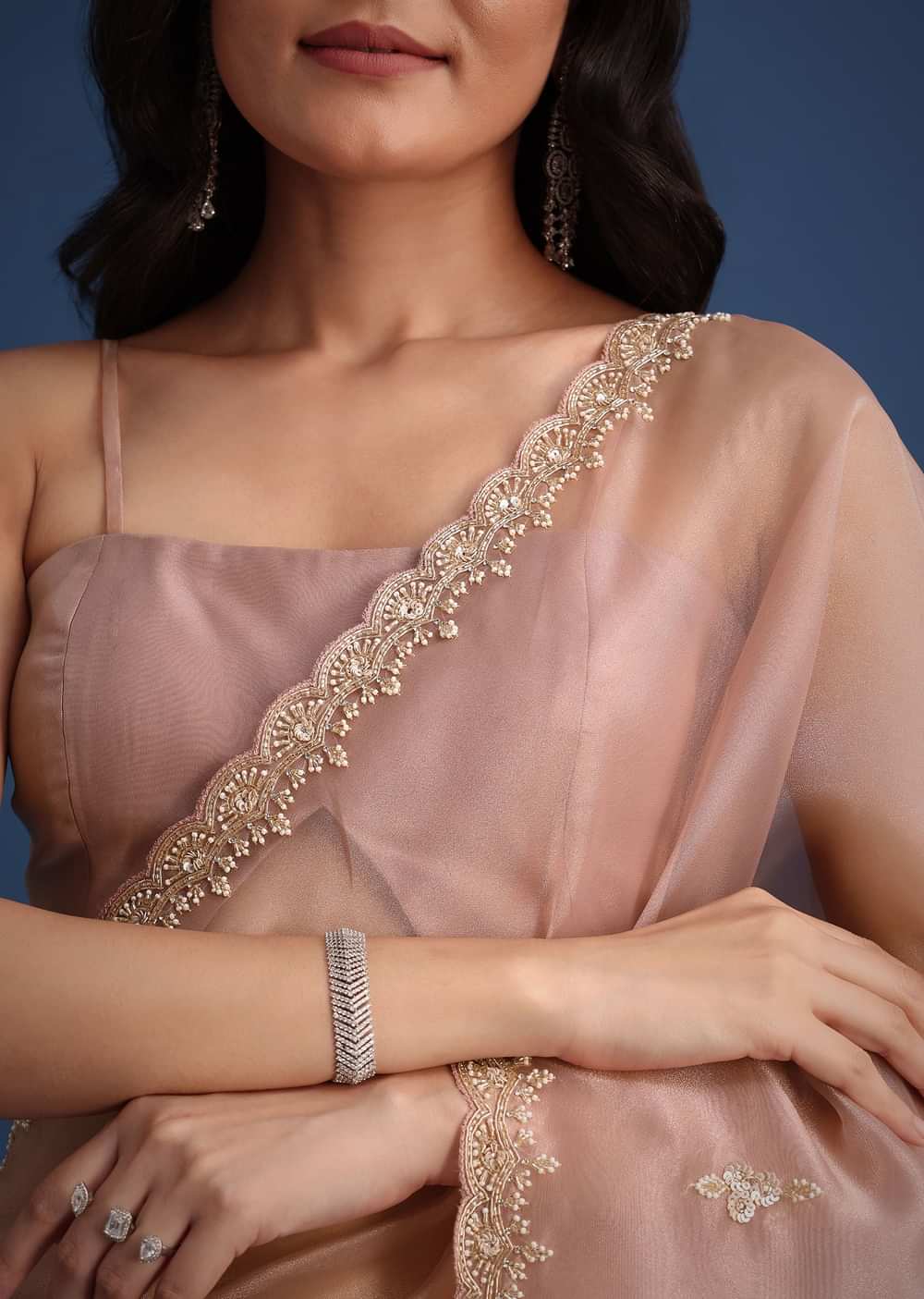 Peach Tissue Silk Cutdana Work Saree With Embellished Scallop Border