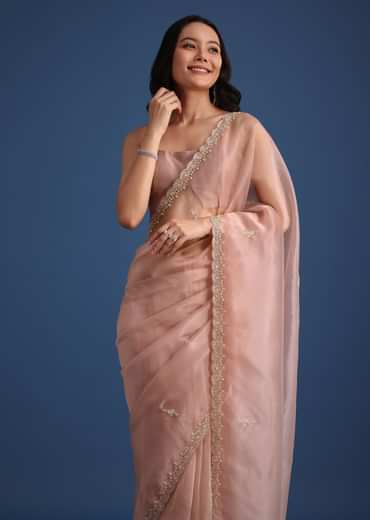 Peach Tissue Silk Cutdana Work Saree With Embellished Scallop Border