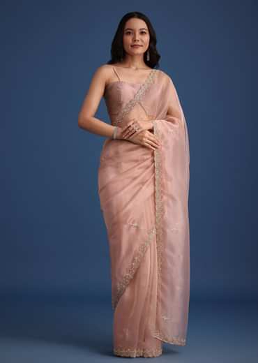 Peach Tissue Silk Cutdana Work Saree With Embellished Scallop Border