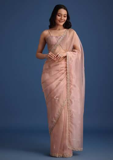 Peach Tissue Silk Cutdana Work Saree With Embellished Scallop Border