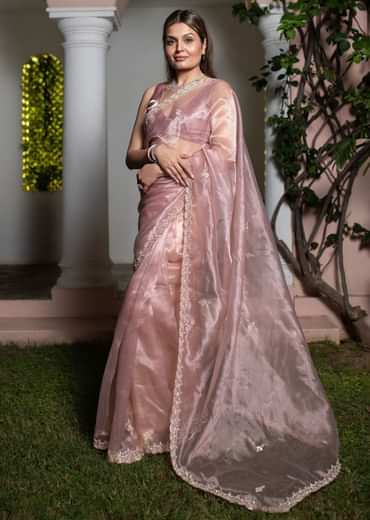 Peach Tissue Silk Cutdana Work Saree With Embellished Scallop Border