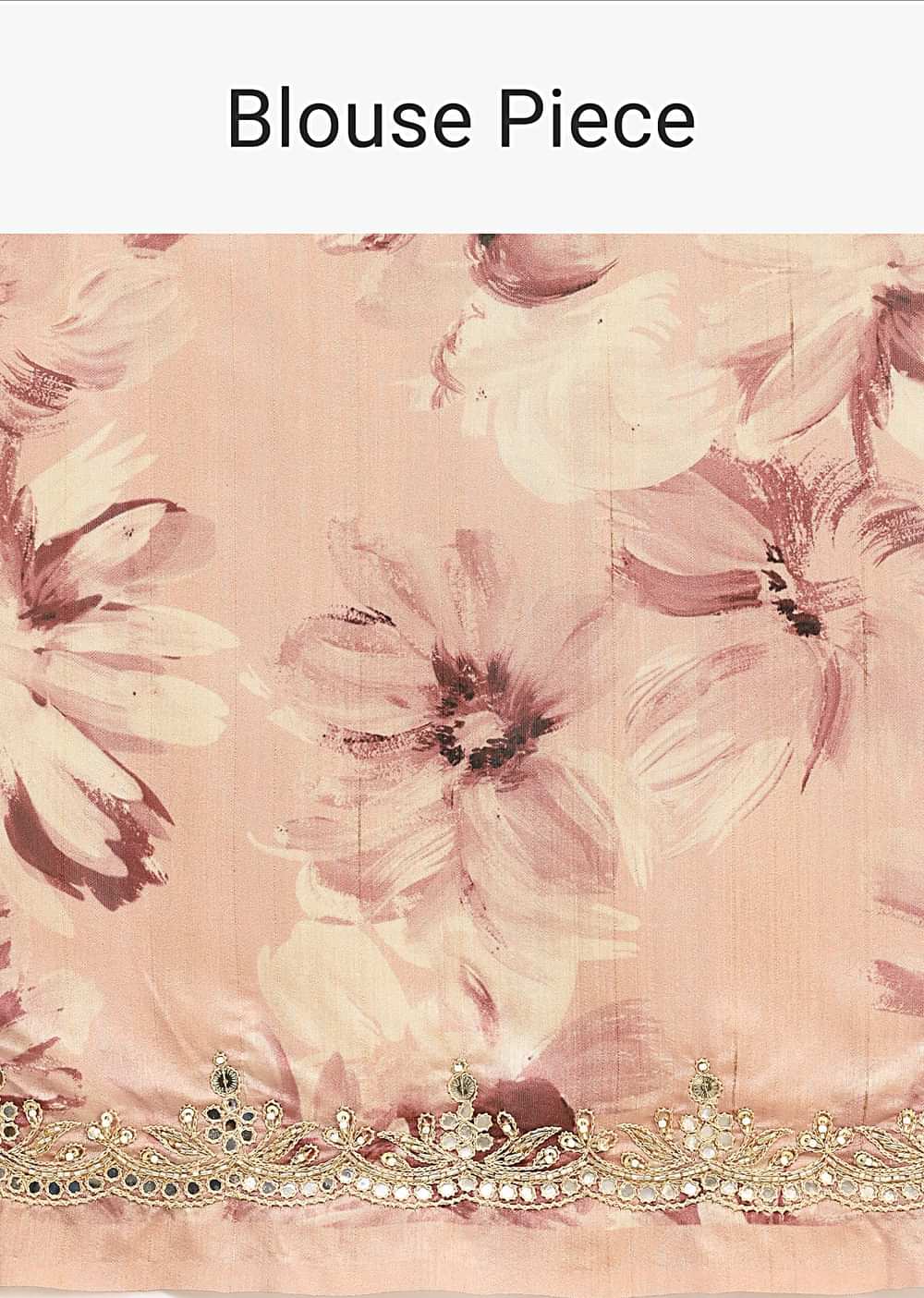 Peach Tussar Silk Floral Printed Saree With Mirror Embroidery