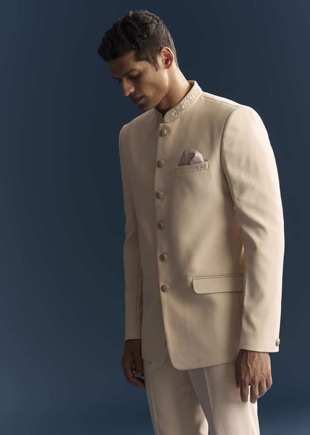Peach Viscose Jodhpuri Suit For Men With Hand Embroidery Peach Viscose Jodhpuri Suit For Men With Hand Embroidery