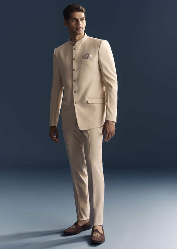 Peach Viscose Jodhpuri Suit For Men With Hand Embroidery Peach Viscose Jodhpuri Suit For Men With Hand Embroidery